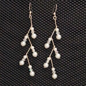 White faux pearl and clear iridescent glass crystal waterfall earrings